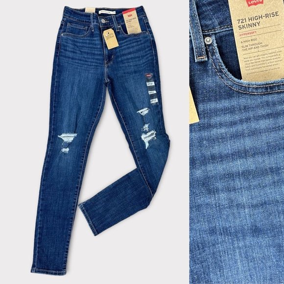 24x30 Levis Jeans Women's 00 721 High Rise Skinny Distressed Dark Blue Denim New - Picture 11 of 11